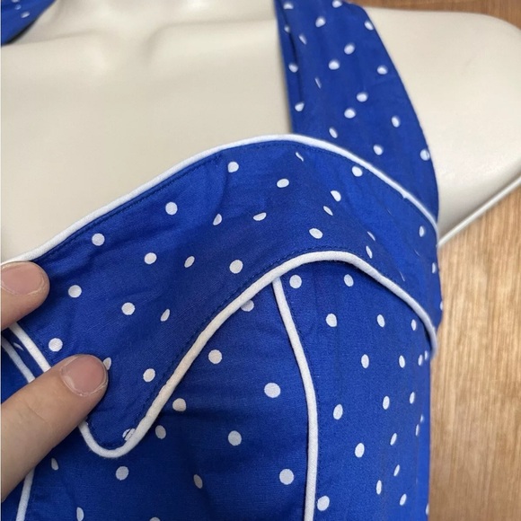 Hell Bunny Vixen Blue White Polka Dot Halter Swing Dress Size Large - Picture 8 of 16